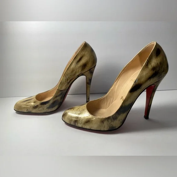 Christian Louboutin leopard print patent leather pumps heels gold black 36.5